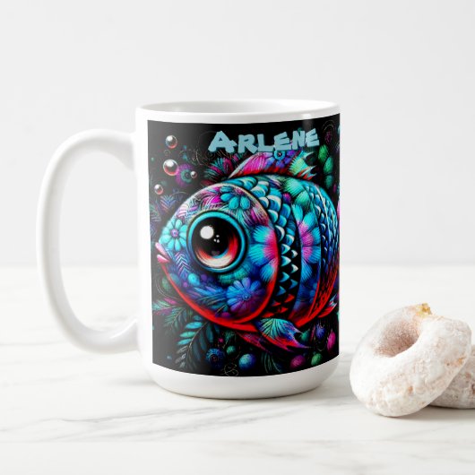 Whimsical Big-Eyed Fish Nautical Personalized コーヒーマグカップ (ドーナツ)