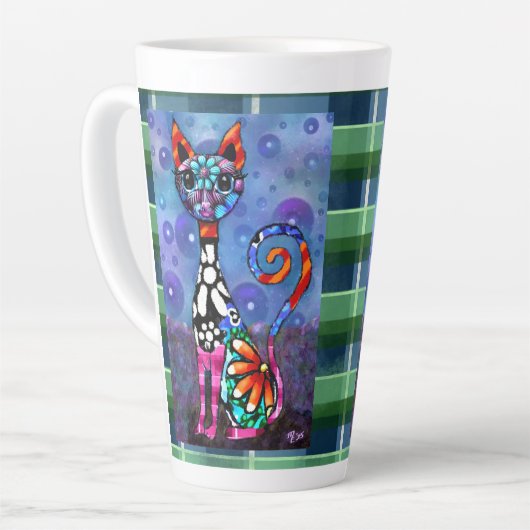 Whimsical Big-Eyed Funky Abstract Kitty Cat カフェラテマグ (左アングル)
