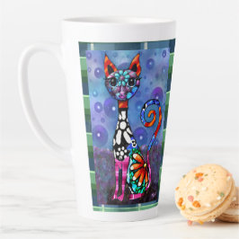 Whimsical Big-Eyed Funky Abstract Kitty Cat カフェラテマグ