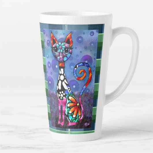 Whimsical Big-Eyed Funky Abstract Kitty Cat カフェラテマグ (右)