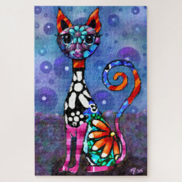 Whimsical Big-Eyed Funky Abstract Kitty Cat ジグソーパズル