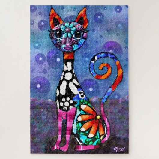 Whimsical Big-Eyed Funky Abstract Kitty Cat ジグソーパズル (縦)