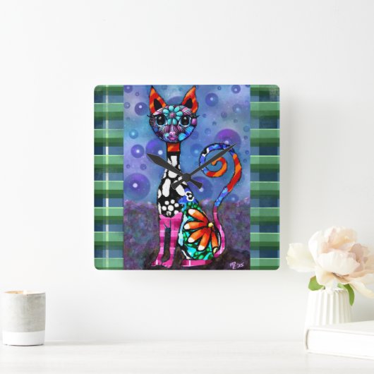 Whimsical Big-Eyed Funky Abstract Kitty Cat スクエア壁時計 (ホーム)
