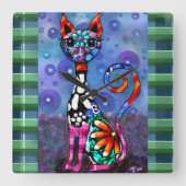 Whimsical Big-Eyed Funky Abstract Kitty Cat スクエア壁時計 (正面)