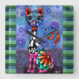 Whimsical Big-Eyed Funky Abstract Kitty Cat スクエア壁時計