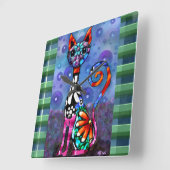 Whimsical Big-Eyed Funky Abstract Kitty Cat スクエア壁時計 (傾斜)