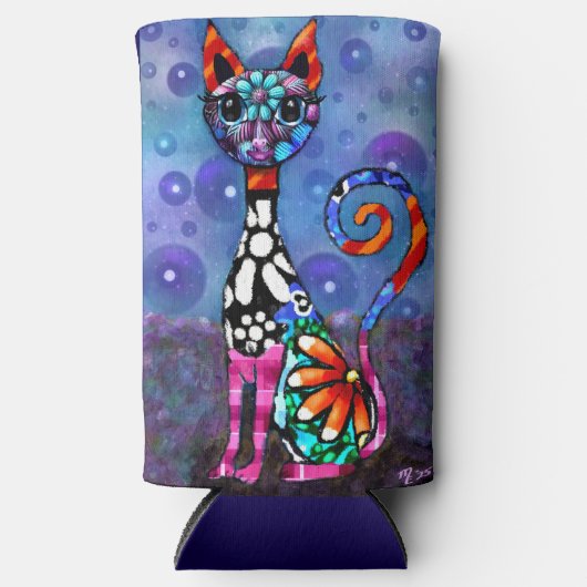 Whimsical Big-Eyed Funky Abstract Kitty Cat スリム缶クーラー (正面)