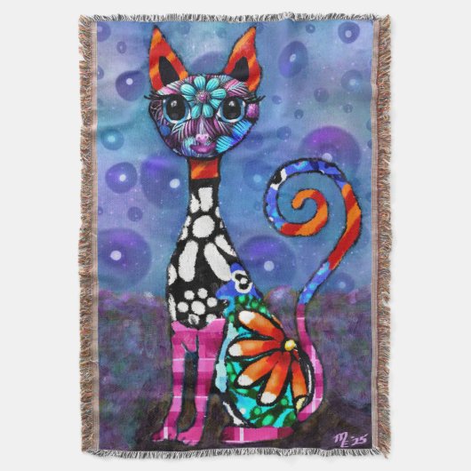 Whimsical Big-Eyed Funky Abstract Kitty Cat スローブランケット (正面縦)