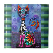 Whimsical Big-Eyed Funky Abstract Kitty Cat タイル (正面)