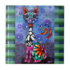Whimsical Big-Eyed Funky Abstract Kitty Cat タイル