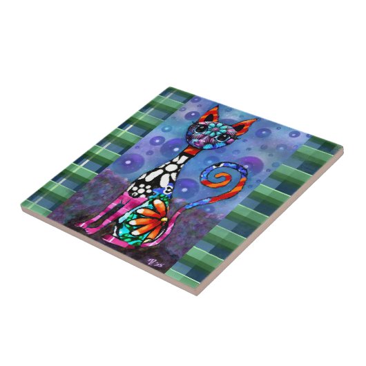 Whimsical Big-Eyed Funky Abstract Kitty Cat タイル (側面)