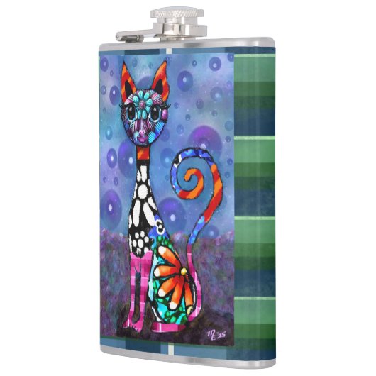 Whimsical Big-Eyed Funky Abstract Kitty Cat フラスク (左)