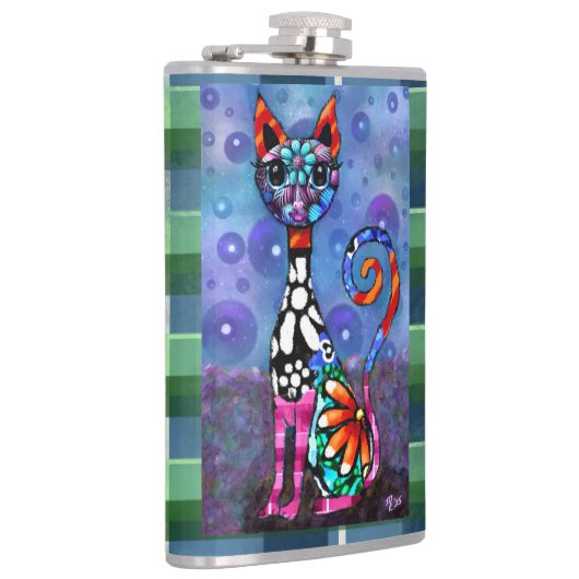 Whimsical Big-Eyed Funky Abstract Kitty Cat フラスク (右)