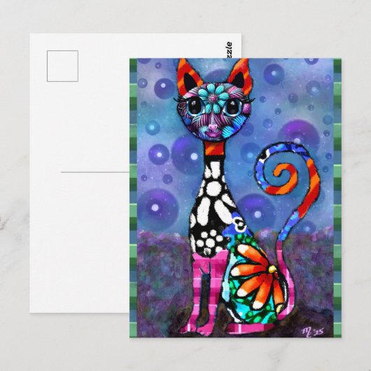 Whimsical Big-Eyed Funky Abstract Kitty Cat ポストカード (正面/裏面)