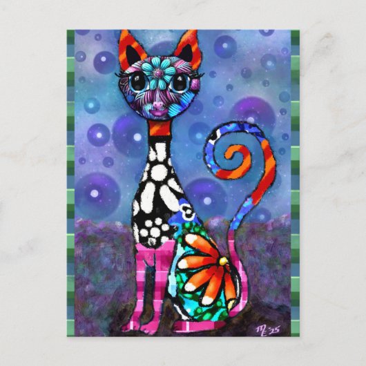 Whimsical Big-Eyed Funky Abstract Kitty Cat ポストカード (正面)