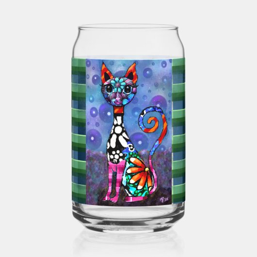 Whimsical Big-Eyed Funky Kitty Cat Abstract ガラス缶 (裏面)