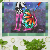 Whimsical Big-Eyed Funky Kitty Cat Abstract キッチンタオル (折り畳み)