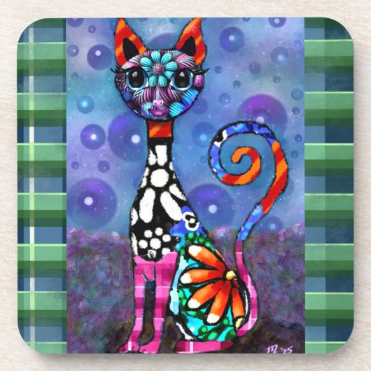 Whimsical Big-Eyed Funky Kitty Cat Abstract コースター (正面)