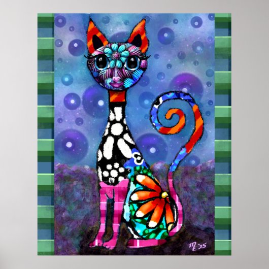Whimsical Big-Eyed Funky Kitty Cat Abstract ポスター (正面)