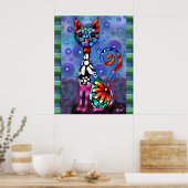 Whimsical Big-Eyed Funky Kitty Cat Abstract ポスター (キッチン)