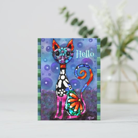 Whimsical Big-Eyed Funky Kitty Cat Personalilzed ポストカード (スタンド正面)