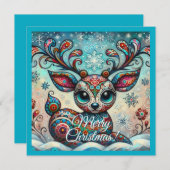 Whimsical Big Eyes Christmas Reindeer Folk Art シーズンカード (正面/裏面)