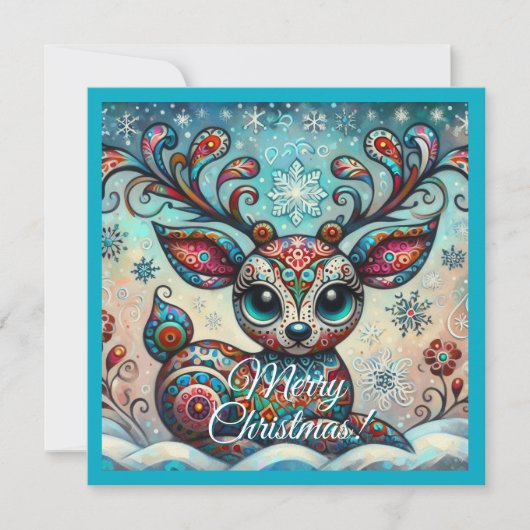 Whimsical Big Eyes Christmas Reindeer Folk Art シーズンカード (正面)