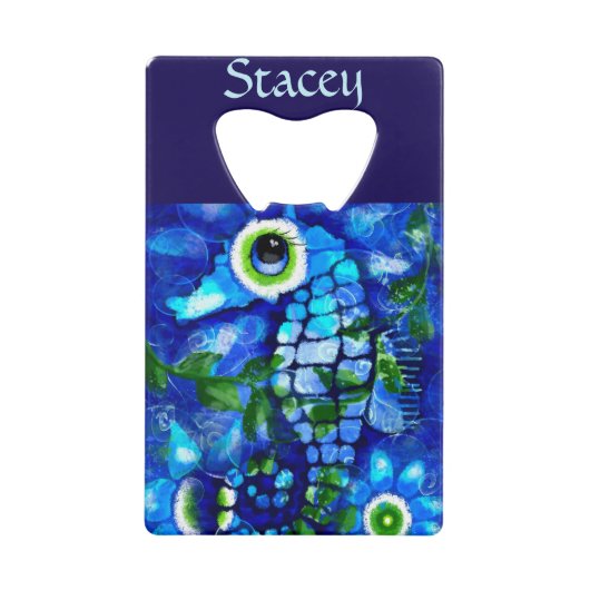 Whimsical Big-Eyes Seahorse Art Blue Personalized クレジットカード栓抜き (正面)