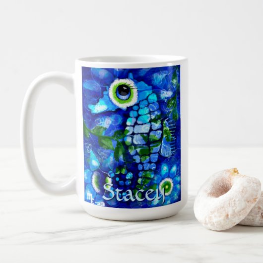 Whimsical Big-Eyes Seahorse Art Blue Personalized コーヒーマグカップ (ドーナツ)