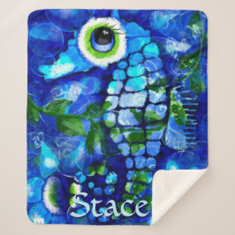 Whimsical Big-Eyes Seahorse Art Blue Personalized シェルパブランケット
