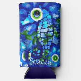 Whimsical Big-Eyes Seahorse Art Blue Personalized スリム缶クーラー
