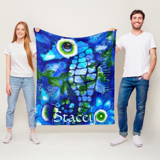 Whimsical Big-Eyes Seahorse Art Blue Personalized フリースブランケット (インサイチュ)