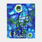 Whimsical Big-Eyes Seahorse Art Blue Personalized フリースブランケット (正面)