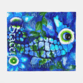 Whimsical Big-Eyes Seahorse Art Blue Personalized フリースブランケット (正面(横))