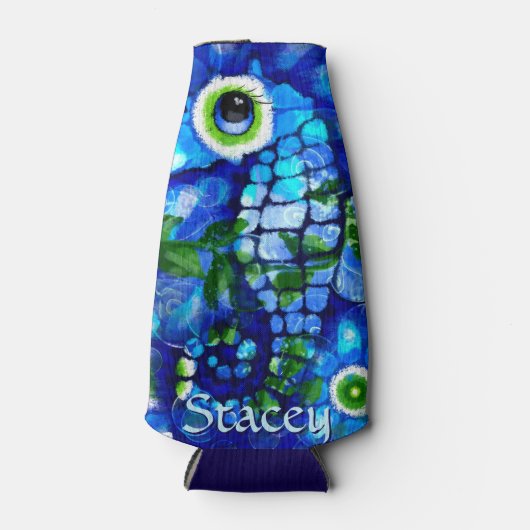 Whimsical Big-Eyes Seahorse Art Blue Personalized ボトルクーラー (正面)