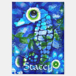 Whimsical Big-Eyes Seahorse Art Blue Personalized マグネット