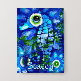 Whimsical Big-Eyes Seahorse Art Blue Personalized 缶バッジ