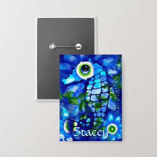 Whimsical Big-Eyes Seahorse Art Blue Personalized 缶バッジ (正面/裏面)