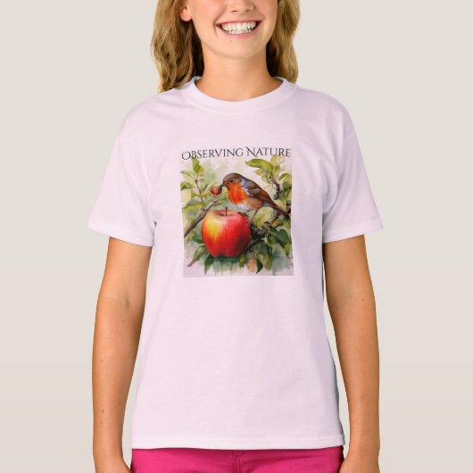  Whimsical Bird & Apple Delight Tシャツ (正面)