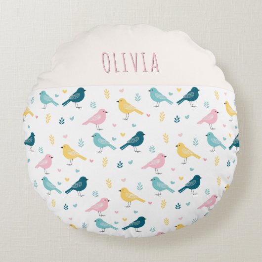 Whimsical Bird Pattern Personalized Pink & Teal ラウンドクッション (正面)