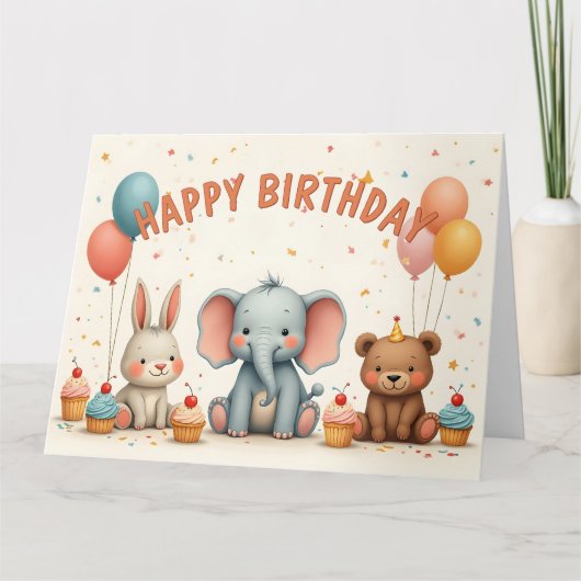 Whimsical Birthday Friends Gather Here カード (正面)