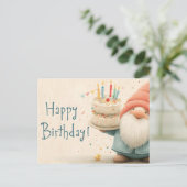 Whimsical Birthday Greeting: Gnome Holding a Cake シーズンポストカード (スタンド正面)