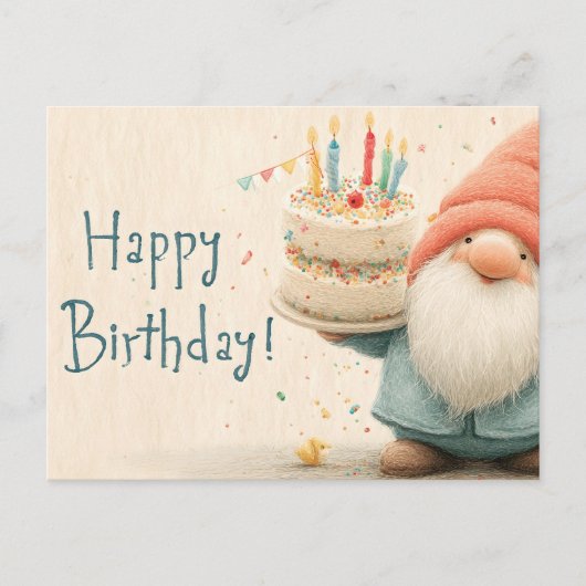 Whimsical Birthday Greeting: Gnome Holding a Cake シーズンポストカード (正面)