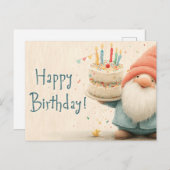 Whimsical Birthday Greeting: Gnome Holding a Cake ポストカード (正面/裏面)