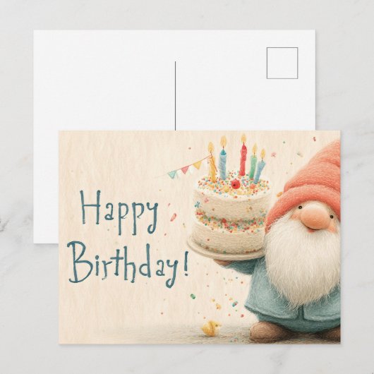 Whimsical Birthday Greeting: Gnome Holding a Cake ポストカード (正面/裏面)