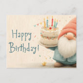Whimsical Birthday Greeting: Gnome Holding a Cake ポストカード (正面)