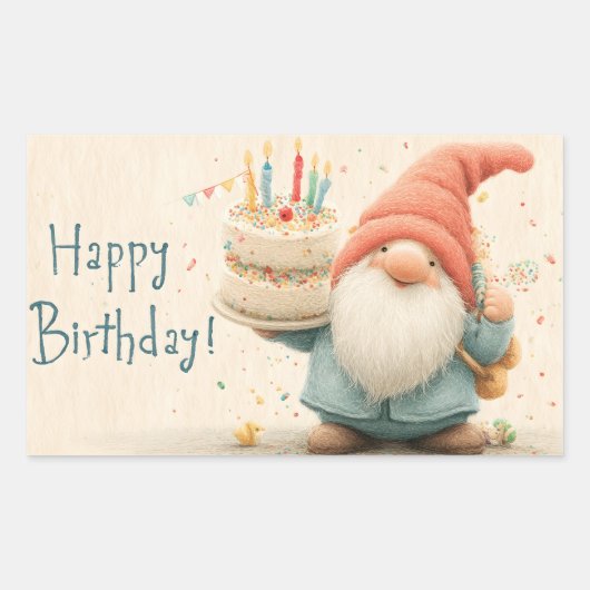 Whimsical Birthday Greeting: Gnome Holding a Cake 長方形シール (正面)