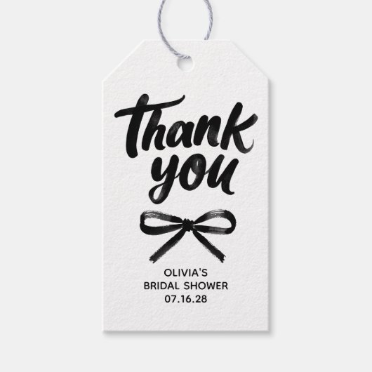Whimsical Black Bow Handwritten Bridal Thank You ギフトタグ (正面)