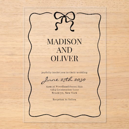 Whimsical Black Bow Tie Wedding アクリル招待状 (正面)