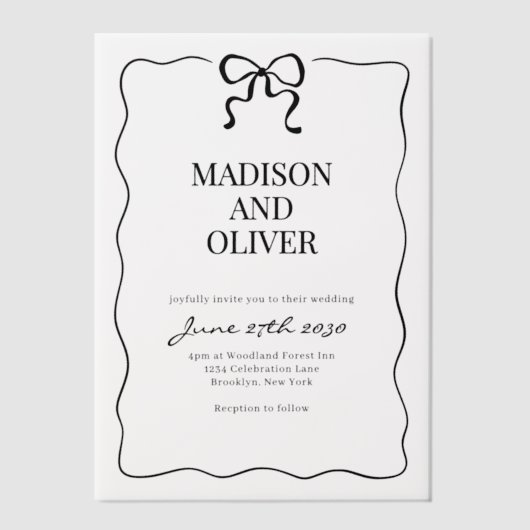 Whimsical Black Bow Tie Wedding ベラム紙招待状 (正面)